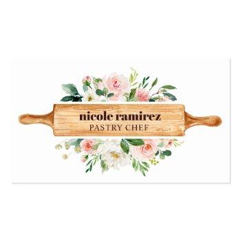 Small Watercolor Floral Bakery Rolling Pin Patisserie Business Card Front View
