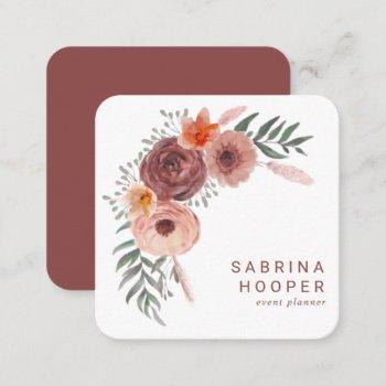 watercolor floral blush rust rounded corners  square business card