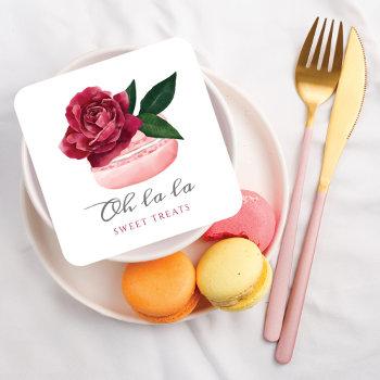 watercolor floral red rose macaron bakery & sweets square business card