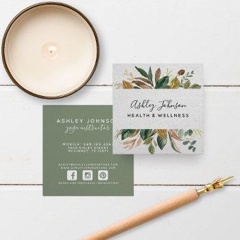 watercolor greenery typography white & green square business card