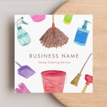 watercolor house cleaning supplies colorful modern square business card