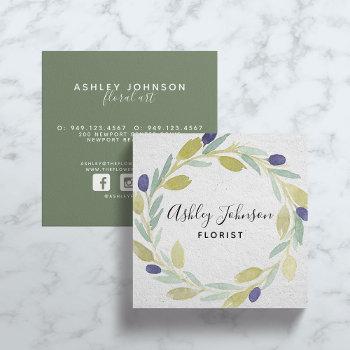 watercolor olive leaf wreath sage green typography square business card