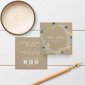 watercolor olive leaf wreath white type kraft square business card