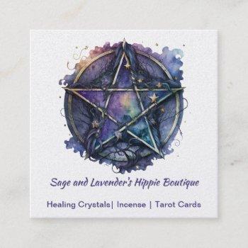 Small Watercolor Pentagram Occult Shop Dark Purples  Square Business Card Front View