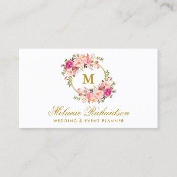 watercolor pink blush floral gold monogram business card