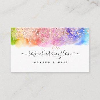 watercolor rainbow rose gold glitter girly business card