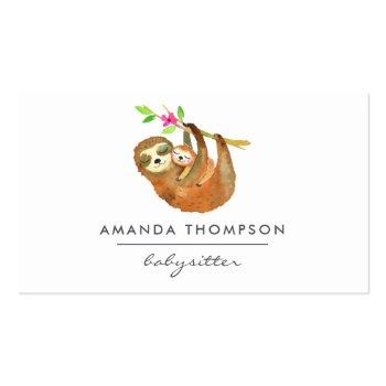 Small Watercolor Sloth Themed Babysitter Business Card Front View