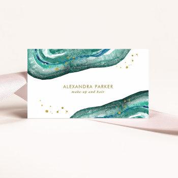 watercolor teal and faux gold geode business card