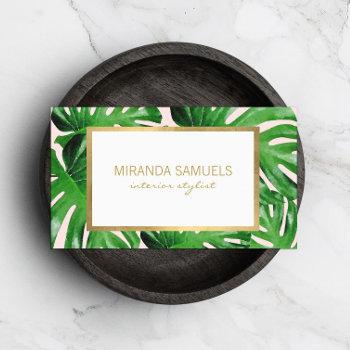 watercolor tropical monstera leaves pattern pink business card