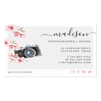 Small Watercolor Vintage Camera & Florals Photography Business Card Back View