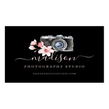 Small Watercolor Vintage Camera & Florals Photography Business Card Front View
