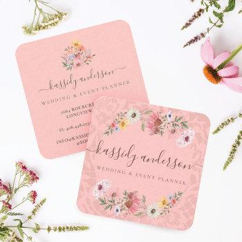 watercolor wildflowers floral wreath pink square business card