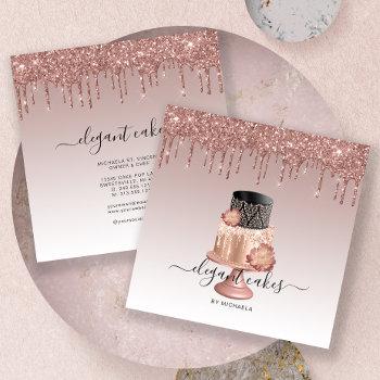 wedding cake glitter drip rose gold bakery square business card