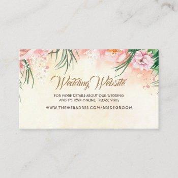wedding website pink tropical flowers & palm leaf business card