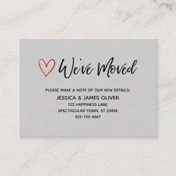we've moved handwriting red hearts gray business card