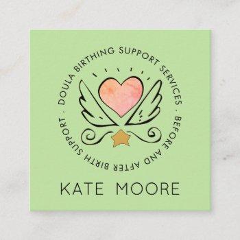 whimsical heart wings midwife or doula birth coach square business card