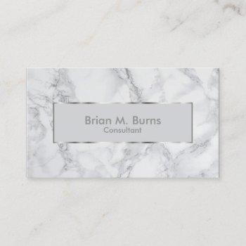 Small White And Gray Marble And Metallic Silver Design Business Card Front View