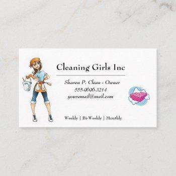 white cartoon girl house cleaning service business card