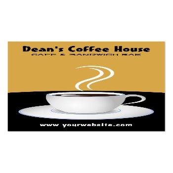 Small White Cup Of Steaming Coffee Black And Beige Cafe Business Card Front View