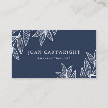 white leaves - dark blue - therapist business card