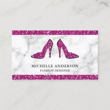 white marble hot pink glitter high heels business card