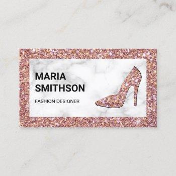 white marble rose gold glitter high heels business card
