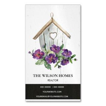 Small White Wooden Floral Birdhouse Real Estate Realtor Business Card Magnet Front View