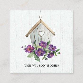 white wooden floral birdhouse real estate realtor square business card