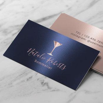 wine bartender sommelier navy blue & rose gold business card