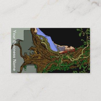 woman and oak tree colored classic illustration business card