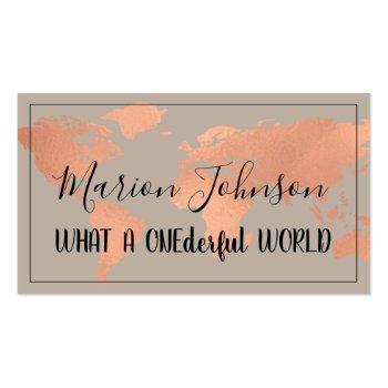 Small World Map Globe Map Travel Agency Copper Rose Business Card Front View