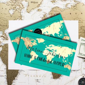 world map globe map travel agency gold teal blue business card