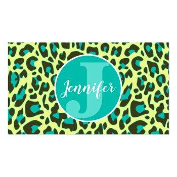 Small Yellow Teal Leopard Print Rockabilly Pattern Cute Business Card Front View