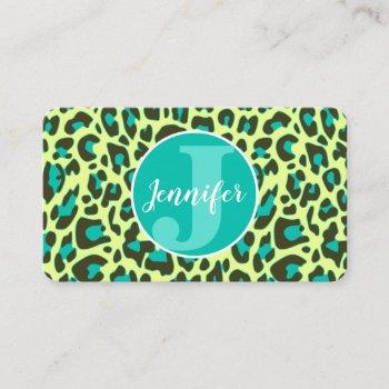 yellow teal leopard print rockabilly pattern cute business card