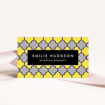 Small Yellow Trellis, Quatrefoil, Moroccan Lattice Business Card Front View
