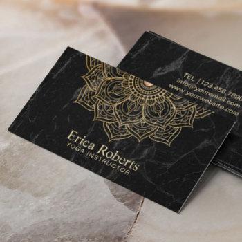yoga instructor gold lotus mandala black marble business card